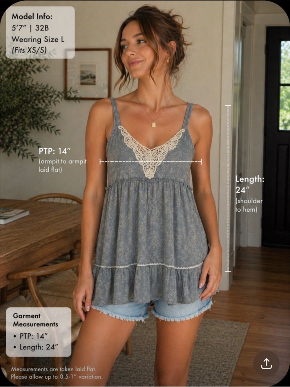 Velvet Silk Lace Trim Tank Boho Flowy Camisole Side Zip Size L